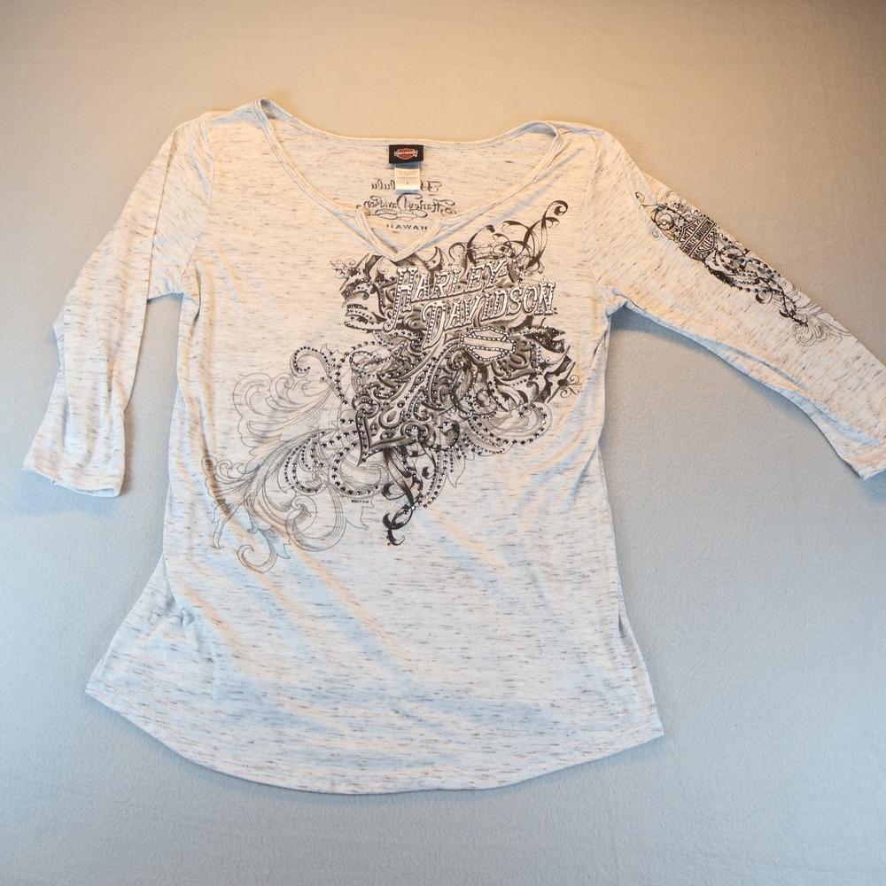 Harley Davidson Honolulu Hawaii Graphic Top Rhinestone Gray 3/4 Sleeve Large